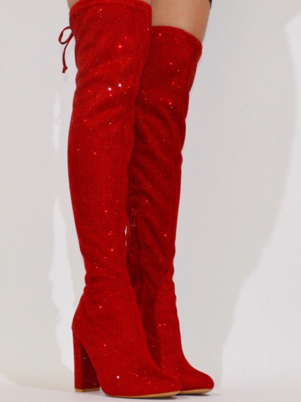 Red Rhinestone Over-the-Knee Block Heel Boots